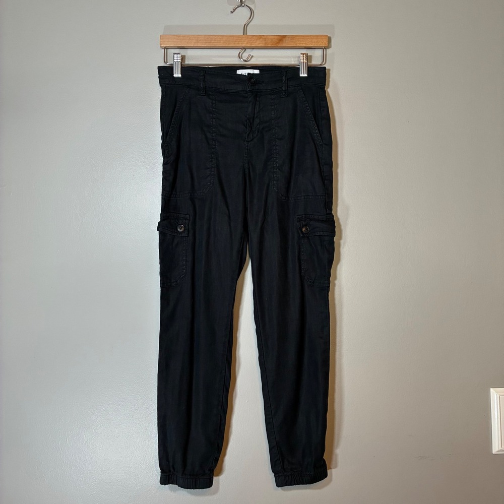 Evereve Black Linen Blend Utility Cargo Jogger Pants Herringbone Size 26